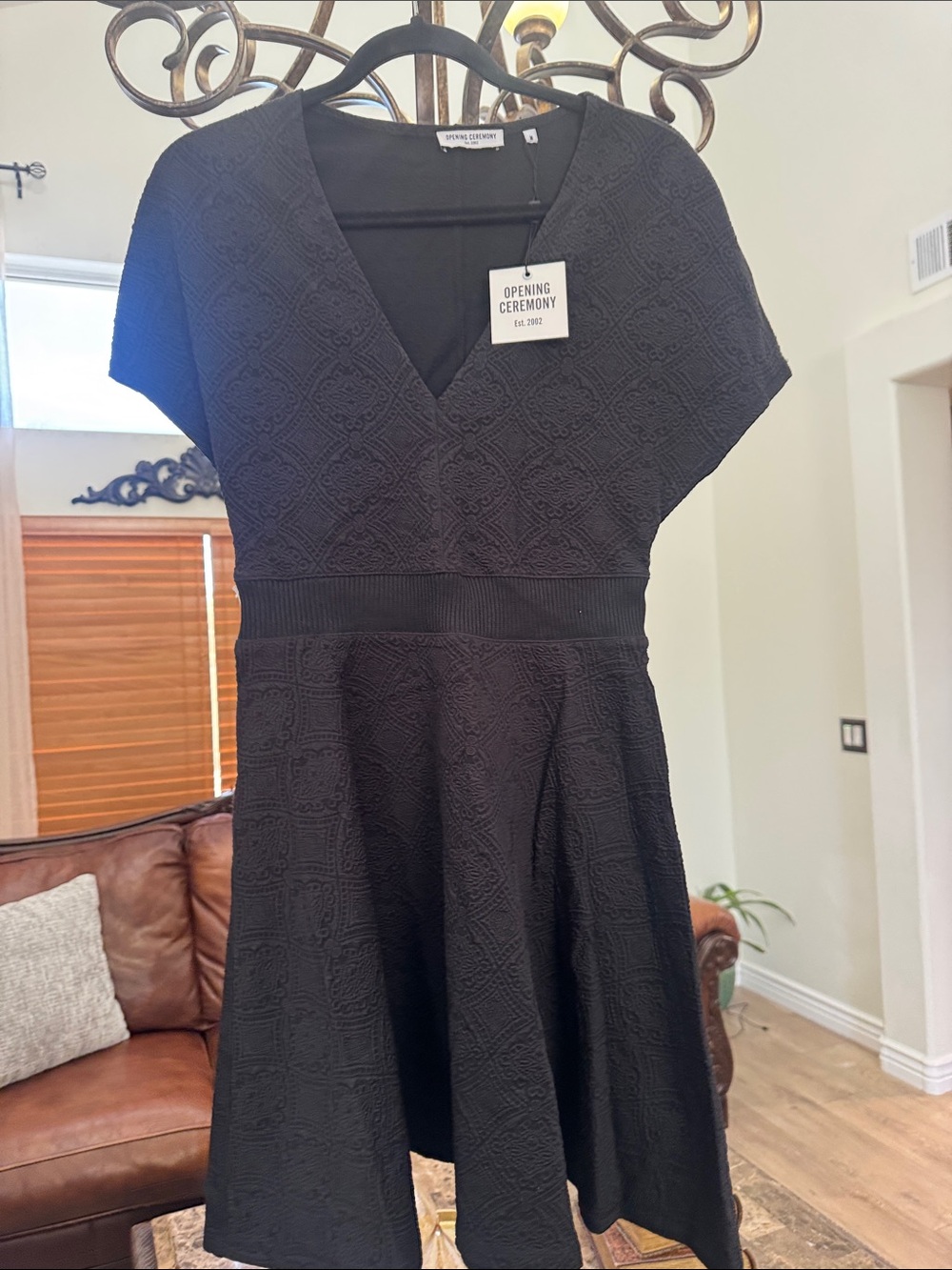 Opening Ceremony Black Textured V-Neck Fit-and-Flare Dress
